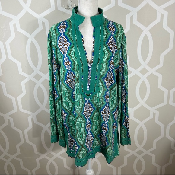 Tory Burch Tory Tunic Top 14 Green Print Ribbon Trim Cotton Long Sleeve Euc - Picture 2 of 10